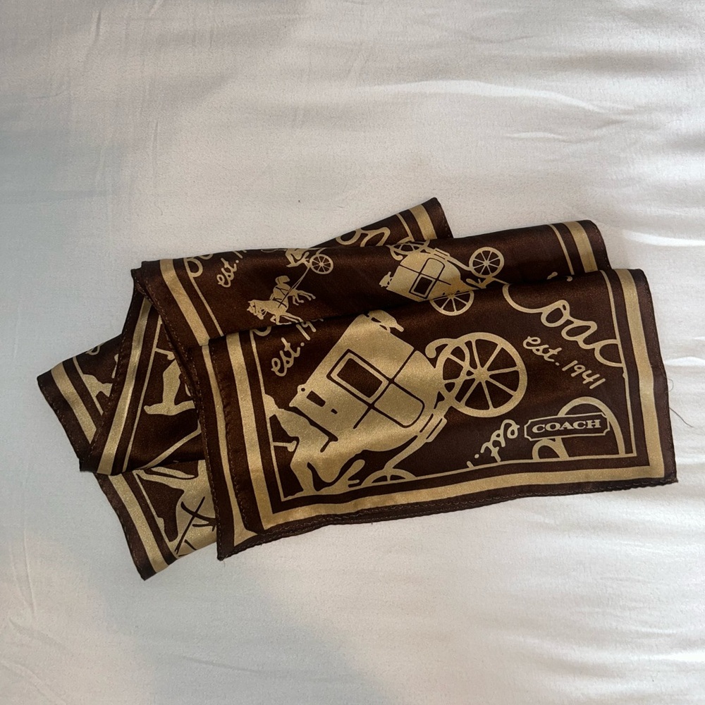 Coach Silk Scarf Brown Beige Horses & Carriage Print Long Rectangular Scarf - Picture 6 of 6